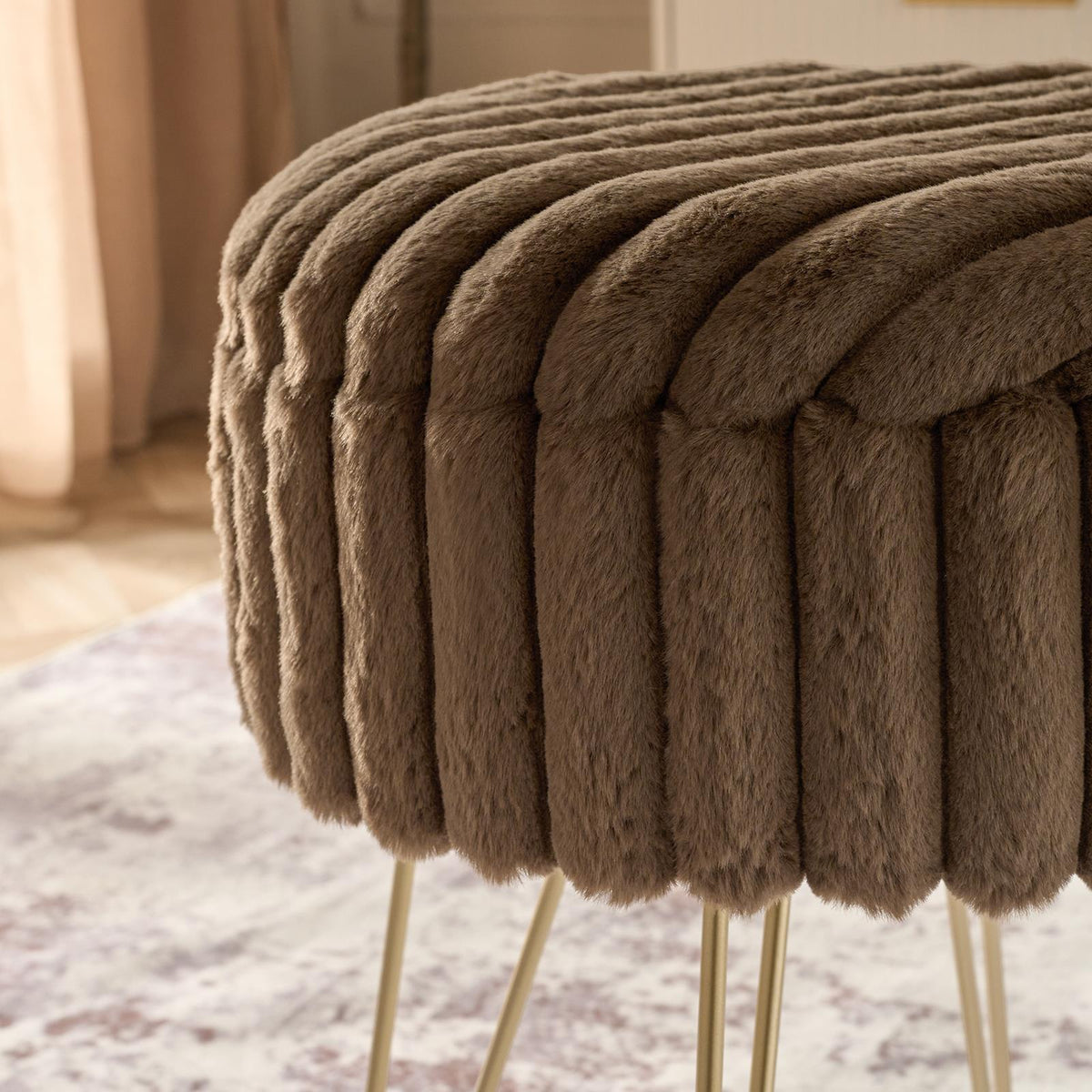 OHS Faux Fur Stool Hairpin Ribbed Fleece Round Vanity Seat Foot Rest Chair