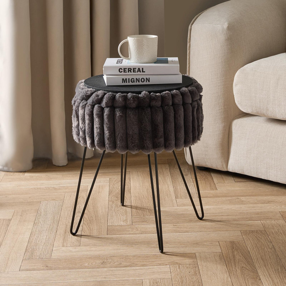 OHS Faux Fur Stool Hairpin Ribbed Fleece Round Vanity Seat Foot Rest Chair
