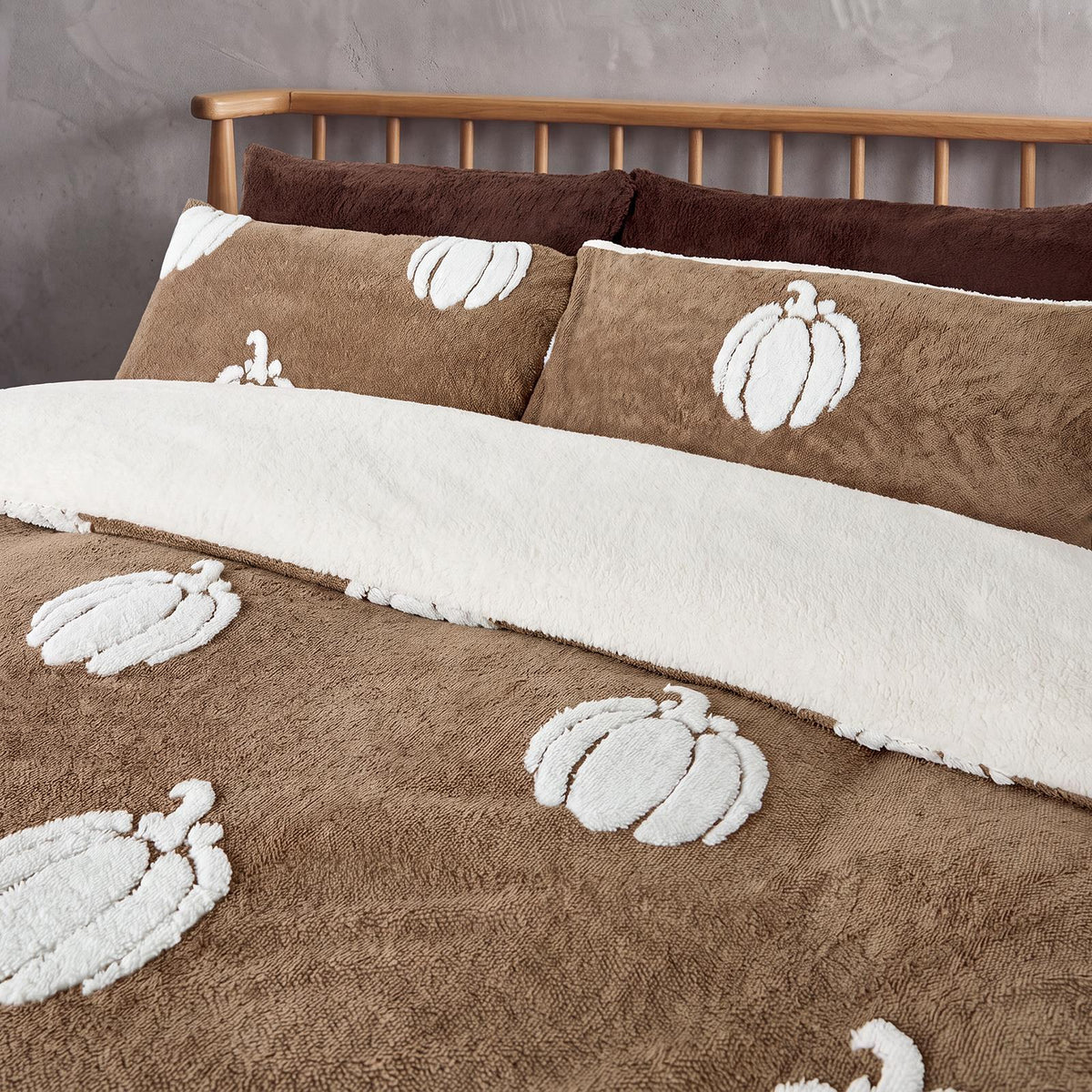 OHS Pumpkin Tufted Duvet Cover Set Halloween Autumn Teddy Fleece Bedding