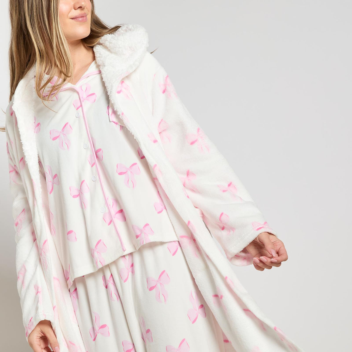 OHS Bows Dressing Gown Flannel Winter Sherpa Lined Loungewear Hooded Bathrobe