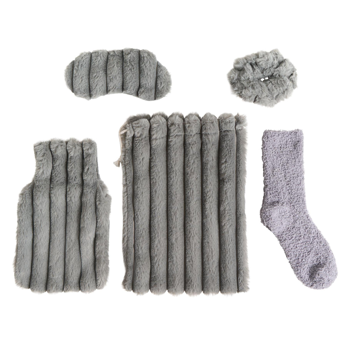 OHS Ribbed Faux Fur Winter Gift Set Hot Water Bottle Socks Eye Mask Scrunchie