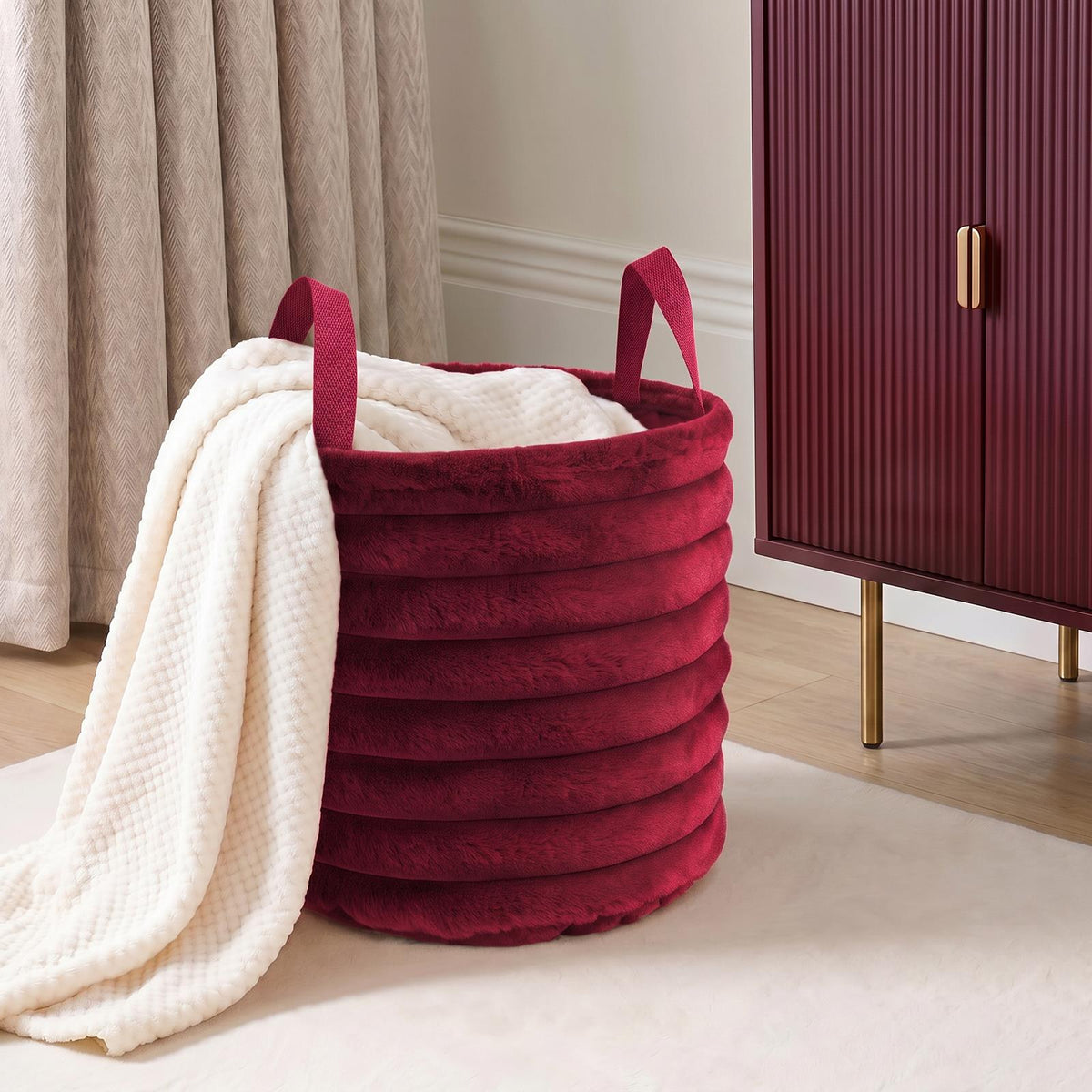 OHS Ribbed Storage Basket with Handles Faux Fur Compact Bucket Organiser