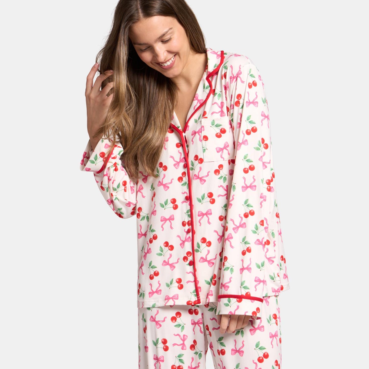 OHS Bows Pyjama Set Womens Jersey Button Through Soft Nightwear Loungewear