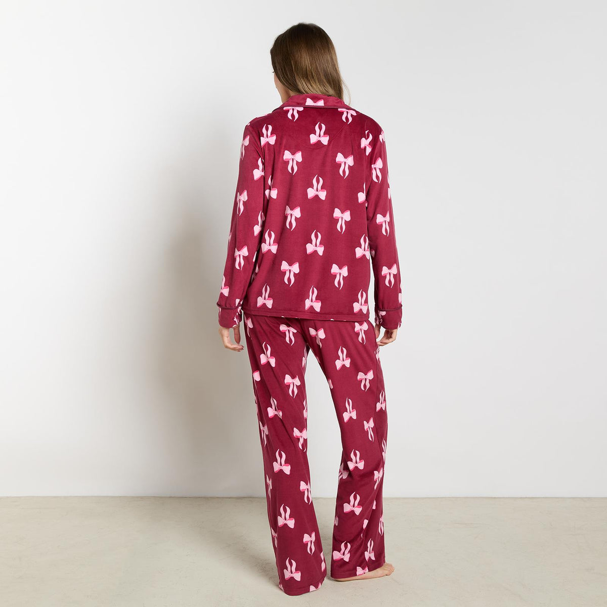 OHS Bows Pyjama Set Womens Button Through Baby Fleece Loungewear Nightwear