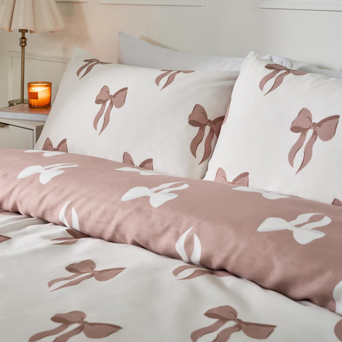 OHS Bow Reversible Duvet Cover Set with Pillowcase Polycotton Microfibre Bedding