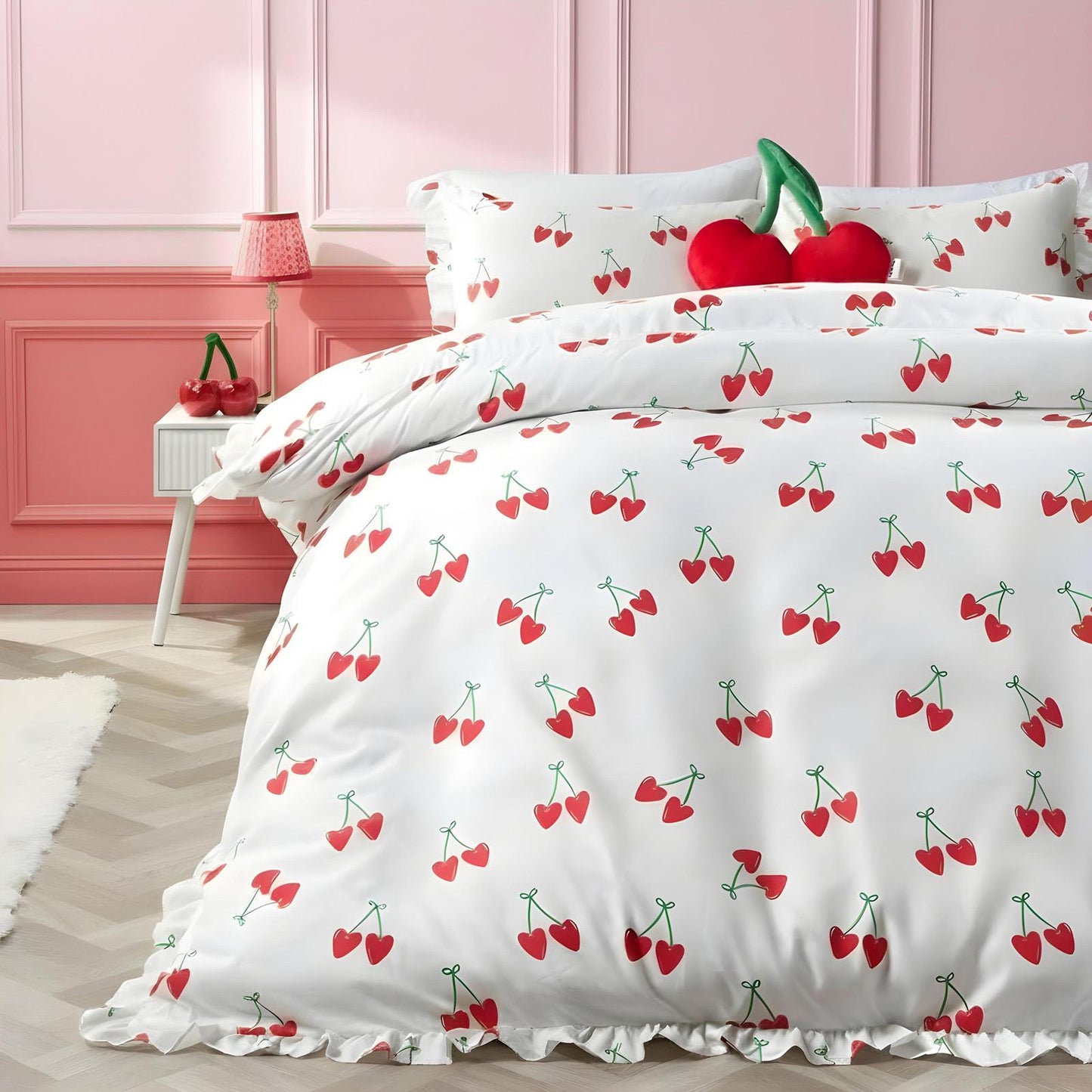 OHS Frill Edge Duvet Cover Set with Pillowcase Cherries Microfibre Bedding