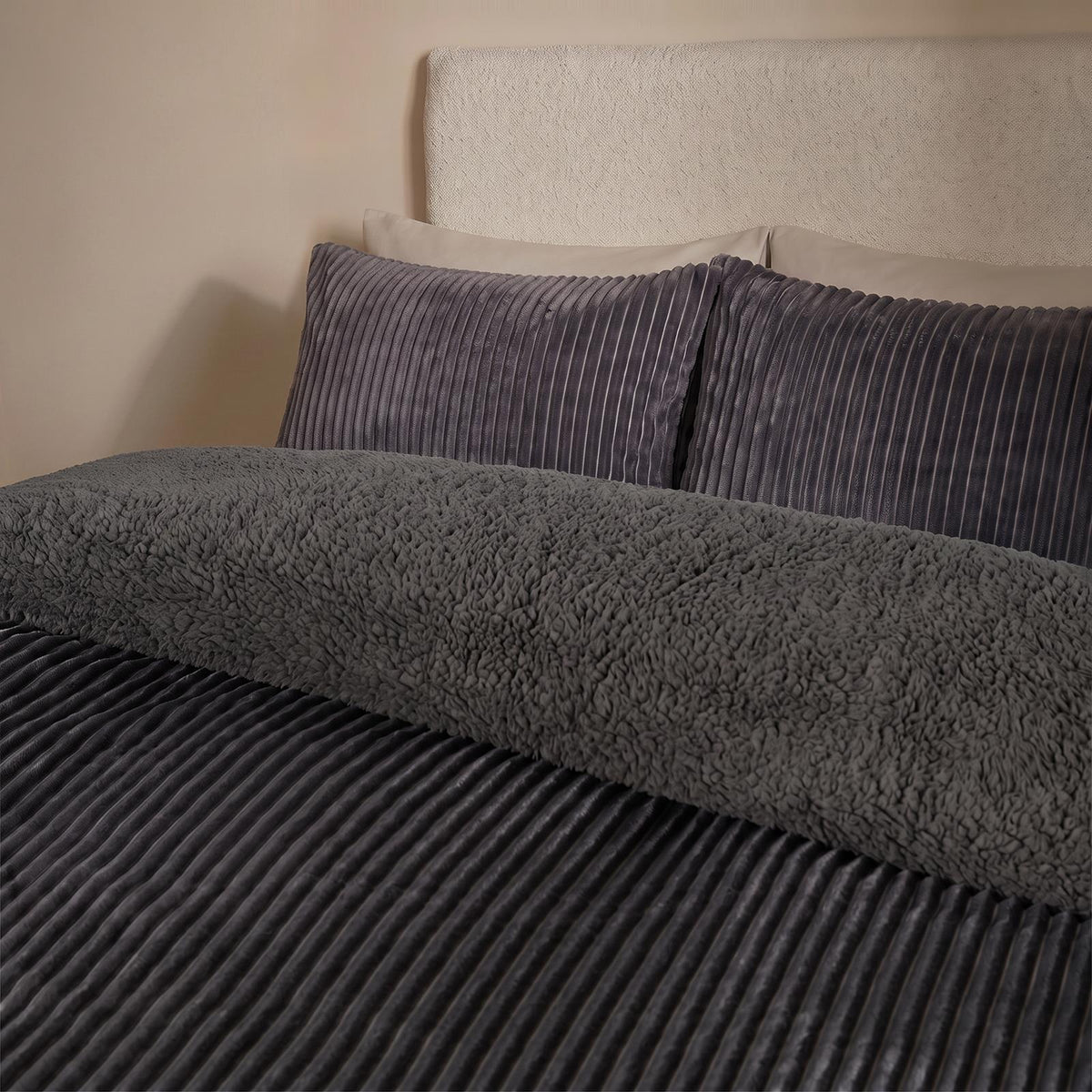 OHS Ribbed Fleece Duvet Cover Set Sherpa Reverse Thermal Supersoft Bedding