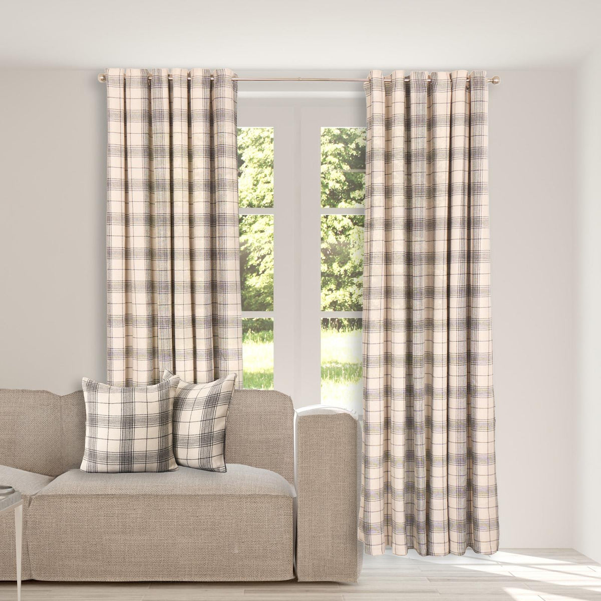 OHS Check Eyelet Curtains Pair Thermal Ring Top Textured Woven Ready Made