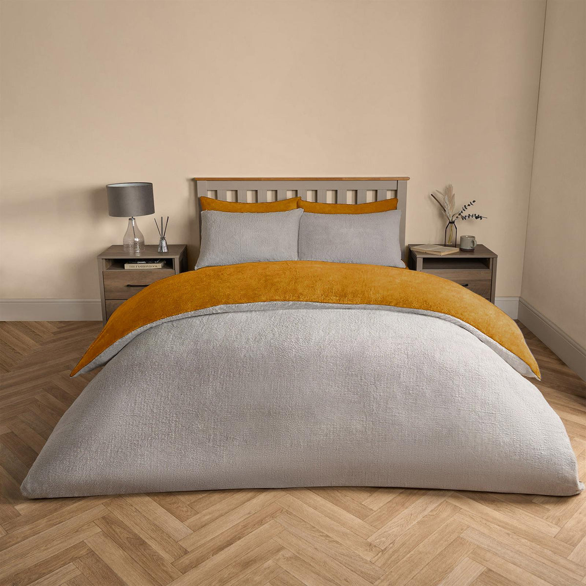 OHS Reversible Teddy Fleece Duvet Cover with Pillowcase Bedding Set Grey