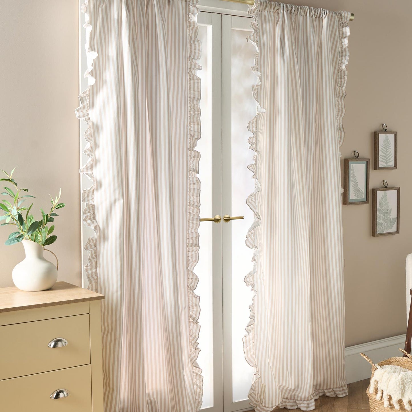 OHS Stripe Frill Voile Net Curtains 2 Window Panels Sheer Rod Slot Top Pair Set
