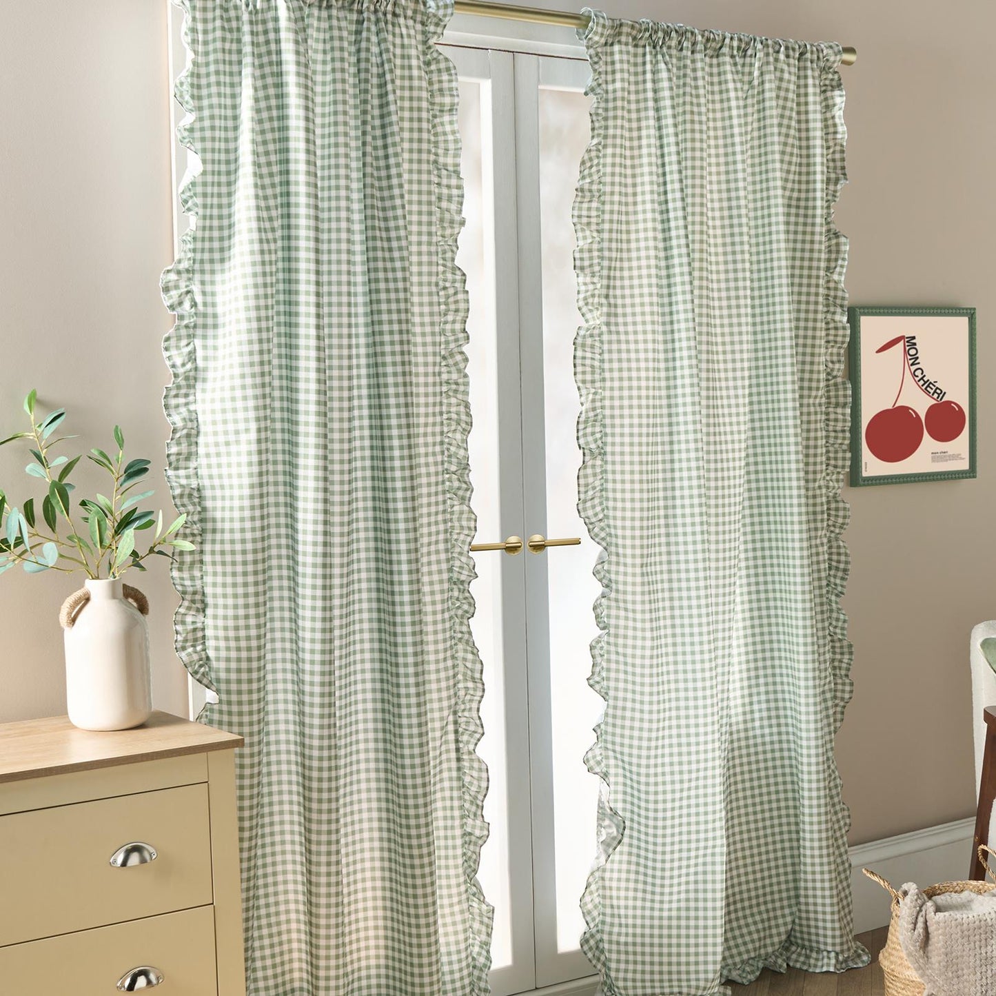 OHS Gingham Frill Voile Net Curtains 2 Window Panels Sheer Rod Slot Top Pair Set