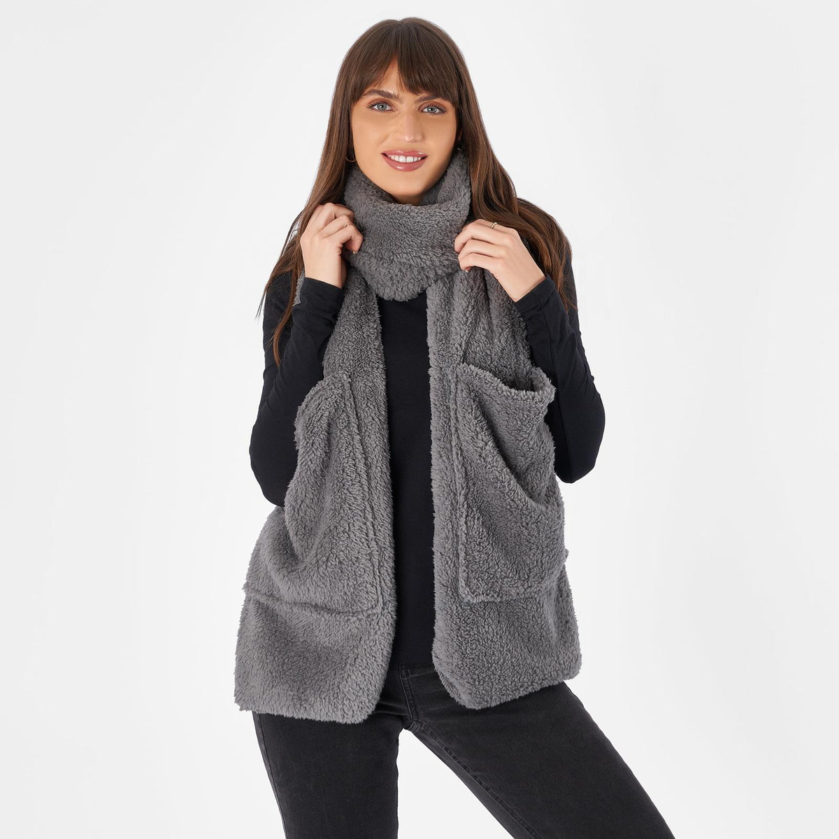 OHS Long Teddy Fleece Scarf Pocket Soft Wrap Plush Womens Shawl Neck Hand Warmer