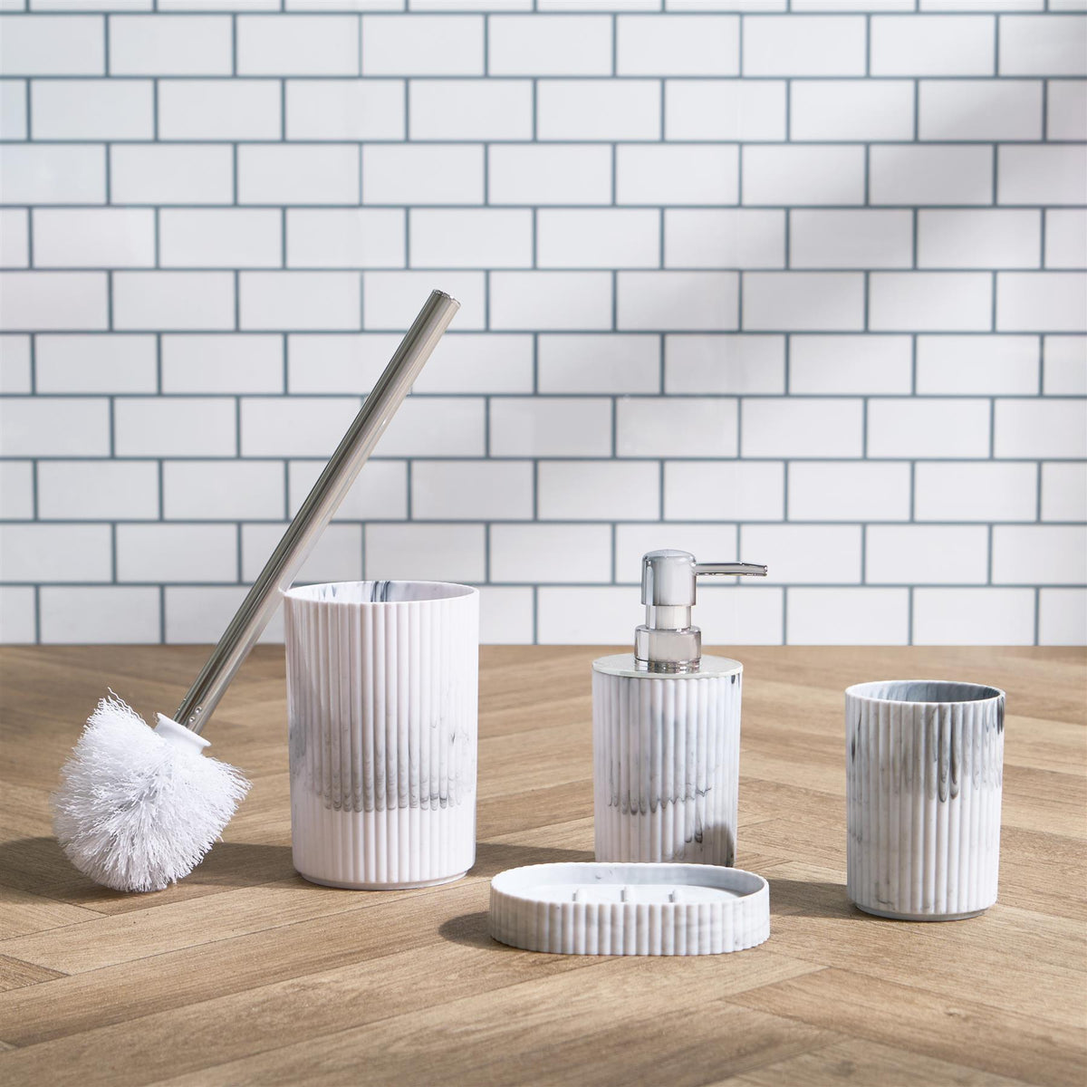 Bathroom Accessories 4 Piece Set Ribbed Soap Dispenser Holder Tumbler Toothbrush