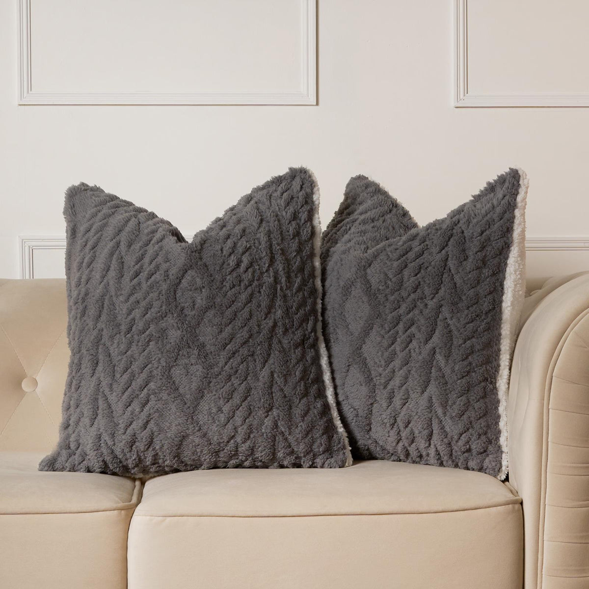 OHS Cable Knit Cushion Covers 2 Pack Sherpa Square Pillowcases Home Decor
