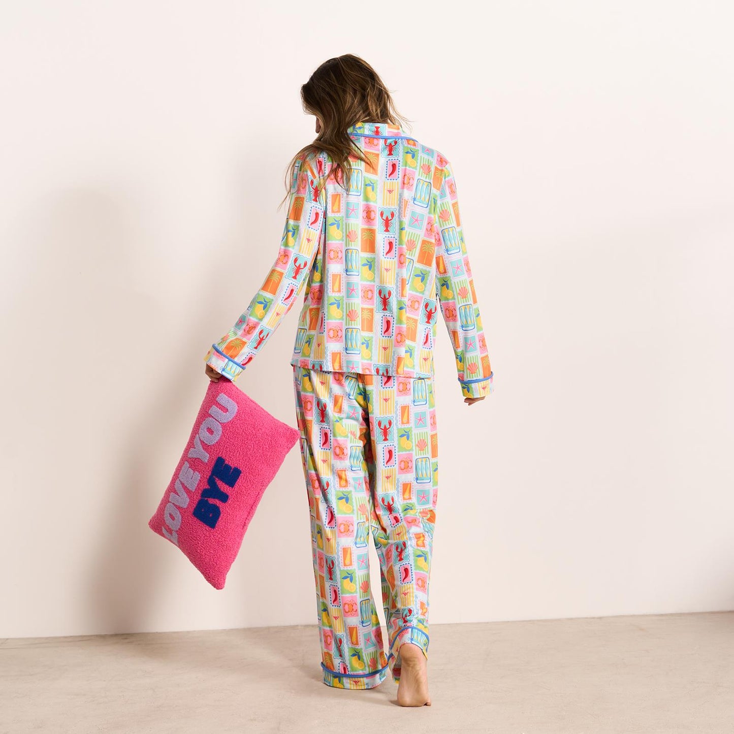 OHS Postcards Print Pyjama Set Womens Jersey Button Through Nightwear Loungewear