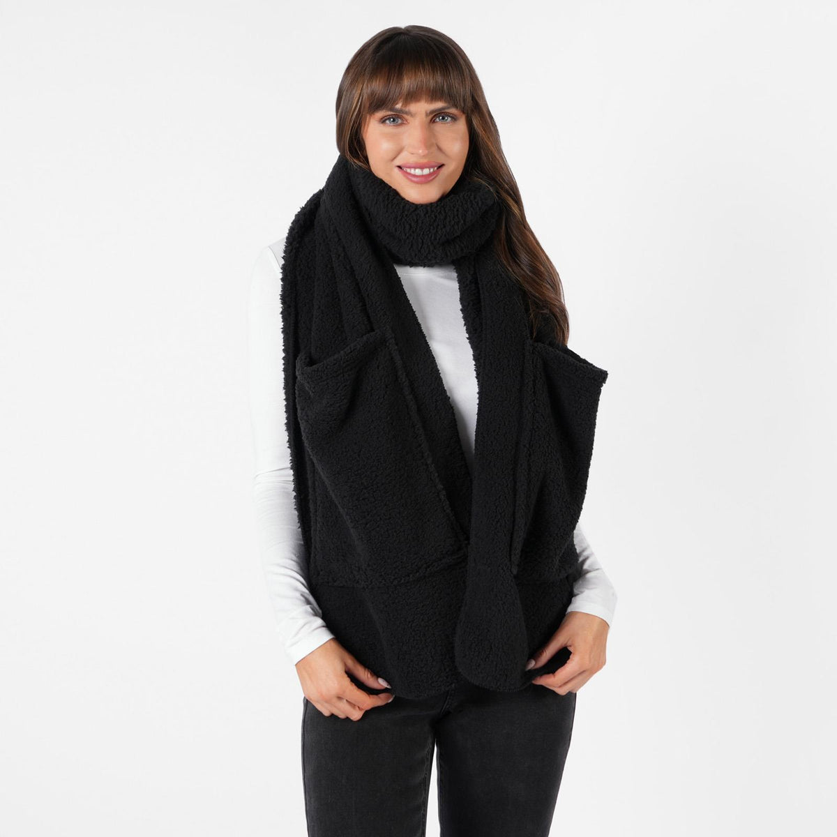 OHS Long Teddy Fleece Scarf Pocket Soft Wrap Plush Womens Shawl Neck Hand Warmer