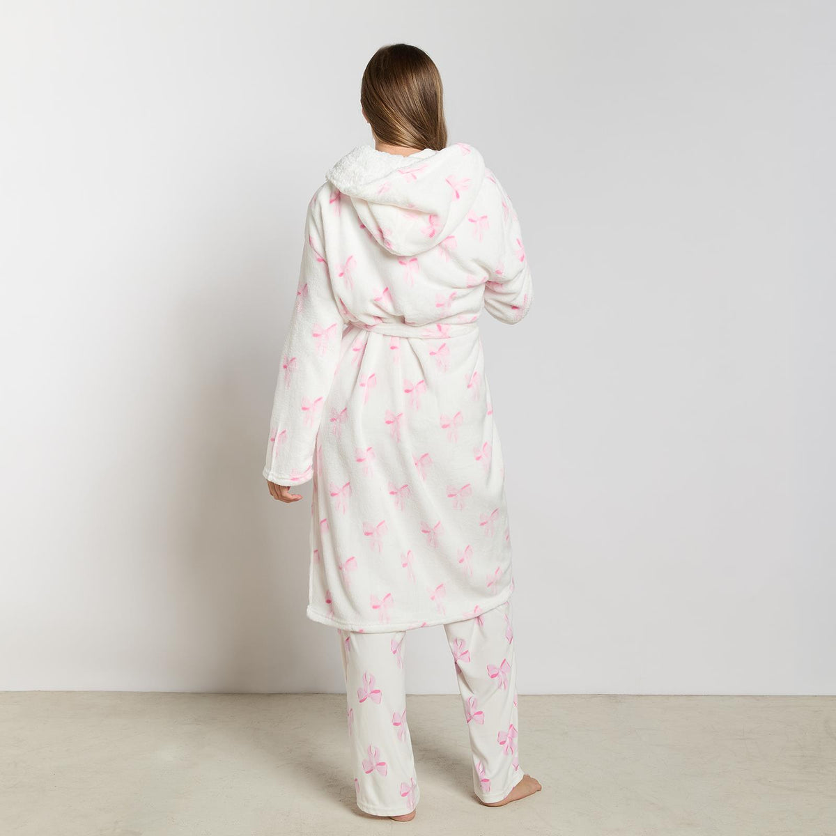 OHS Bows Dressing Gown Flannel Winter Sherpa Lined Loungewear Hooded Bathrobe