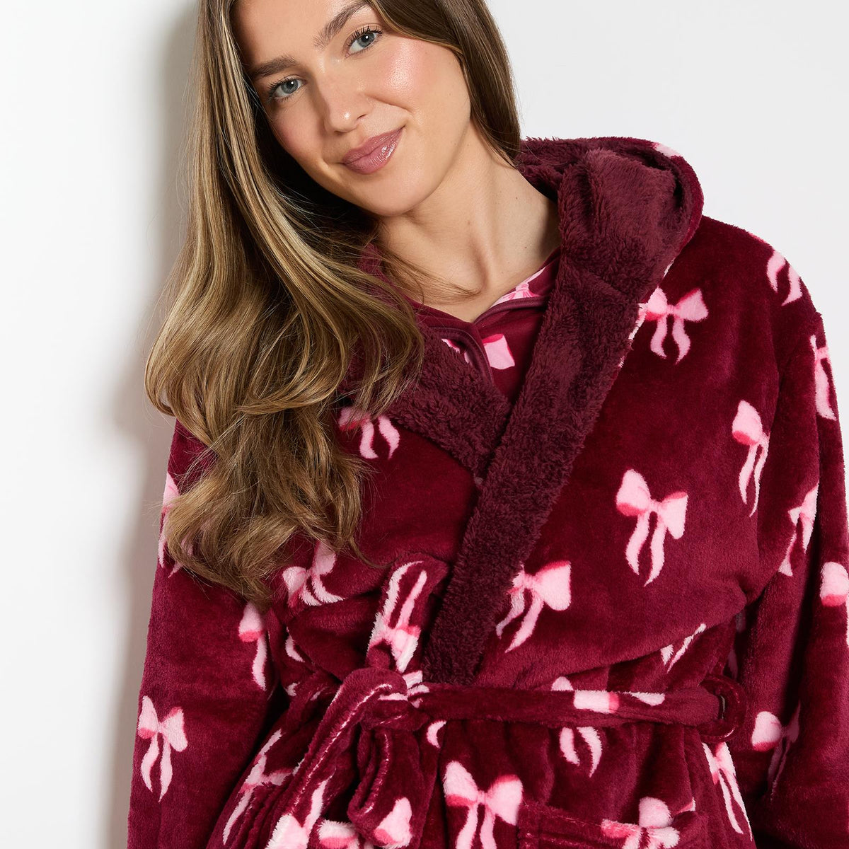 OHS Bows Dressing Gown Flannel Winter Sherpa Lined Loungewear Hooded Bathrobe