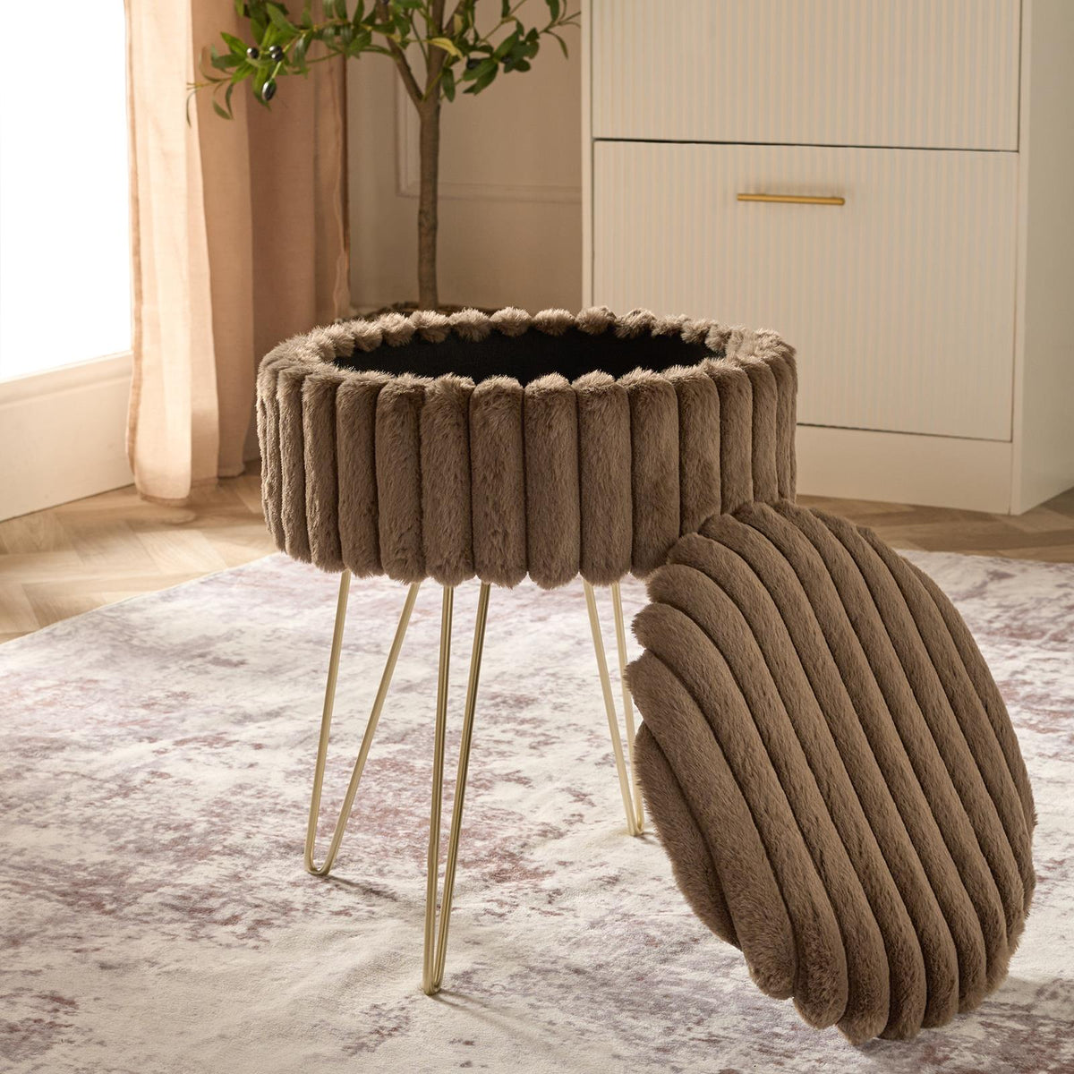 OHS Faux Fur Stool Hairpin Ribbed Fleece Round Vanity Seat Foot Rest Chair