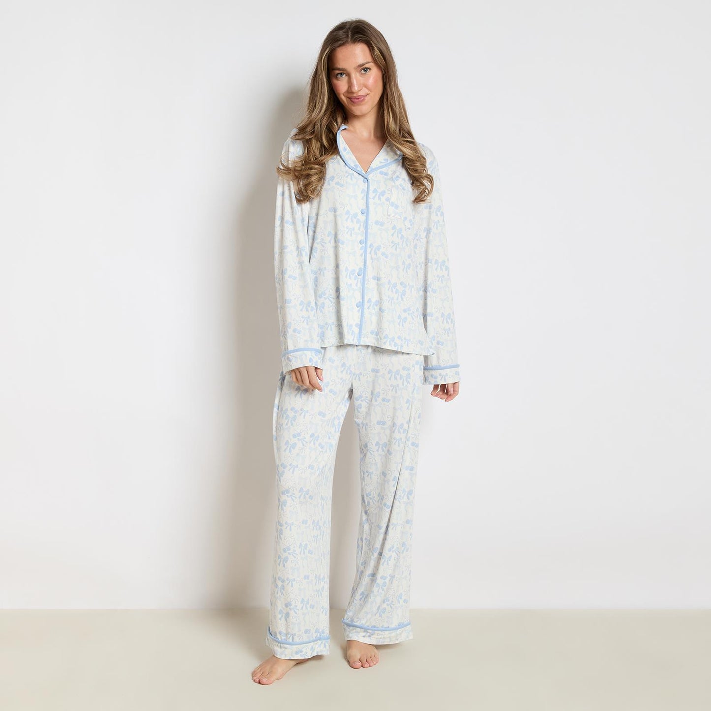 OHS Bows Pyjama Set Womens Jersey Button Through Soft Nightwear Loungewear