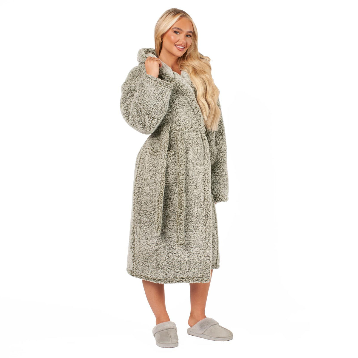 OHS Teddy Marl Fleece Soft Adults Dressing Gown Unisex Full-Length Robe