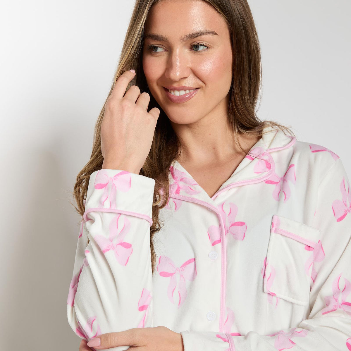 OHS Bows Pyjama Set Womens Button Through Baby Fleece Loungewear Nightwear