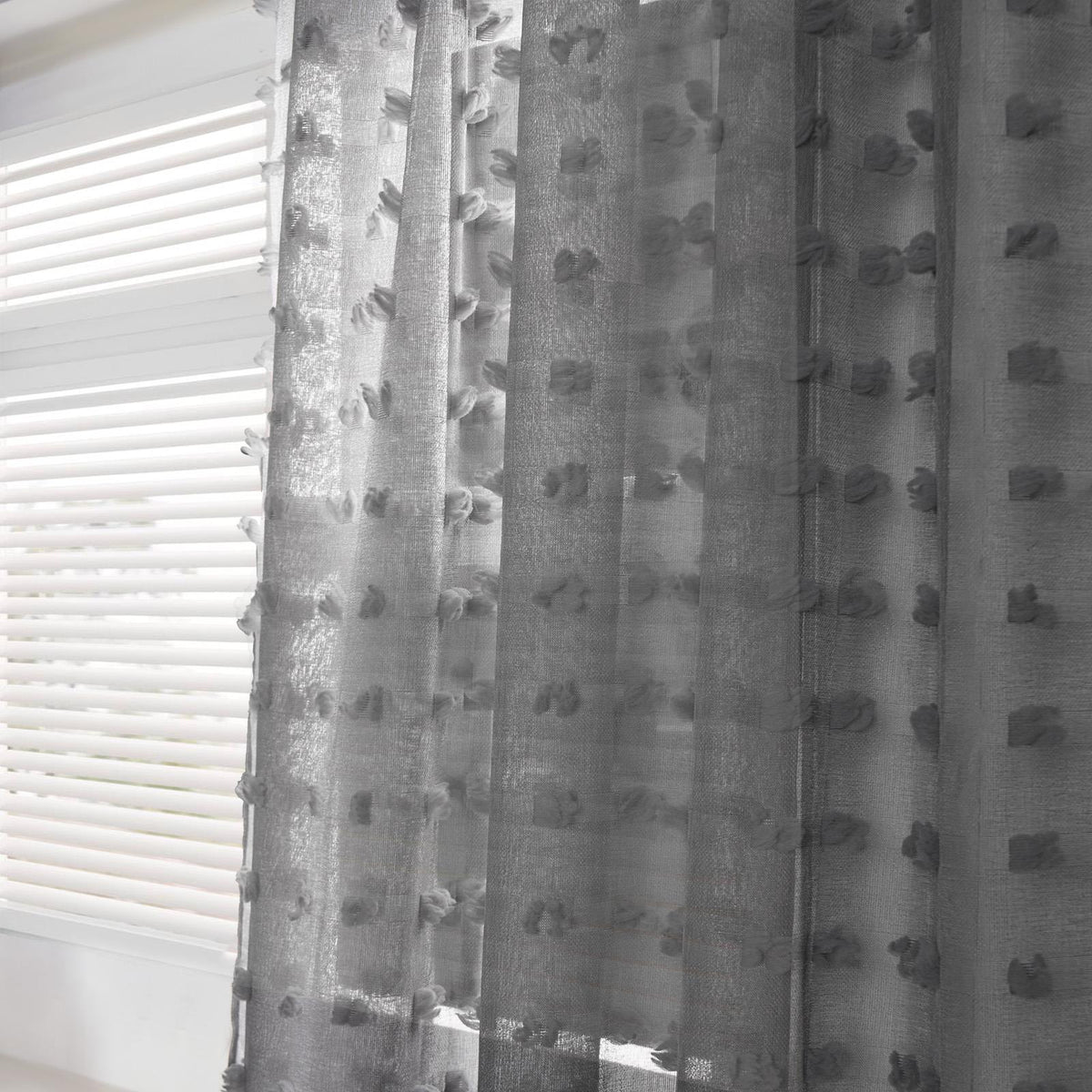 OHS Pompom Tufted Voile Net Curtains Pair 2 Window Panels Slot Top Set 55" Wide