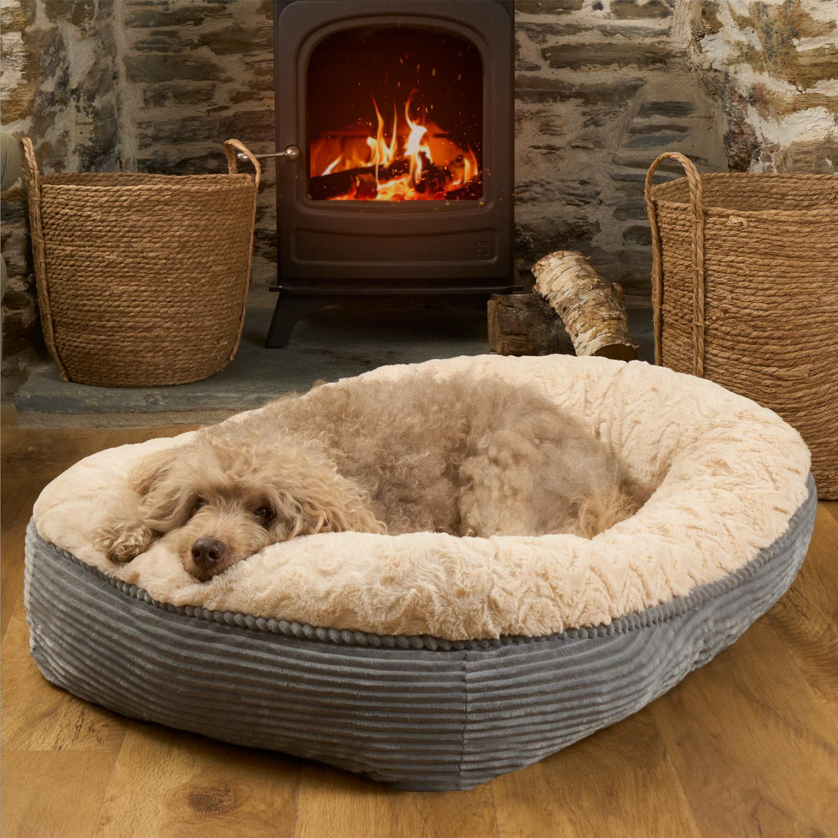 Dog Bed Washable Plush Soft Faux Fur Fleece Ribbed Pet Basket Cushion Warm Cosy