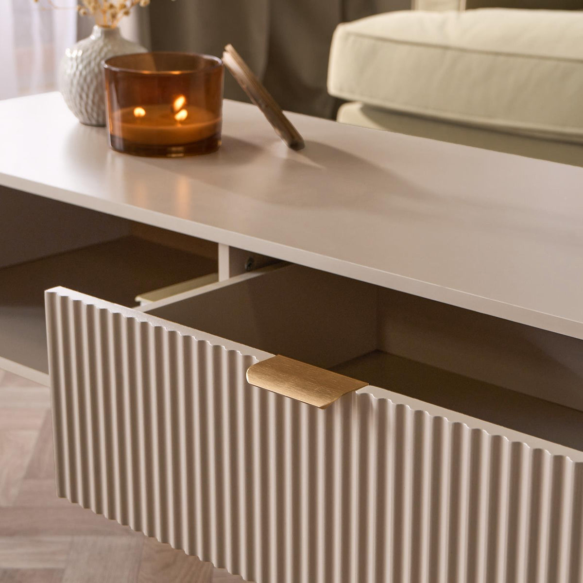OHS Ribbed Coffee Table with Drawer Engineered Wood Shelf Storage Home Decor