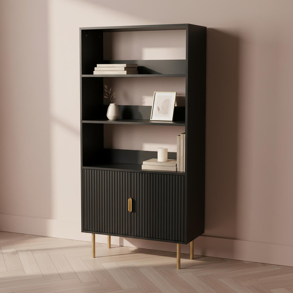 OHS Ribbed Display Cabinets 4 Tier Engineered Wood Shelf Storage Unit