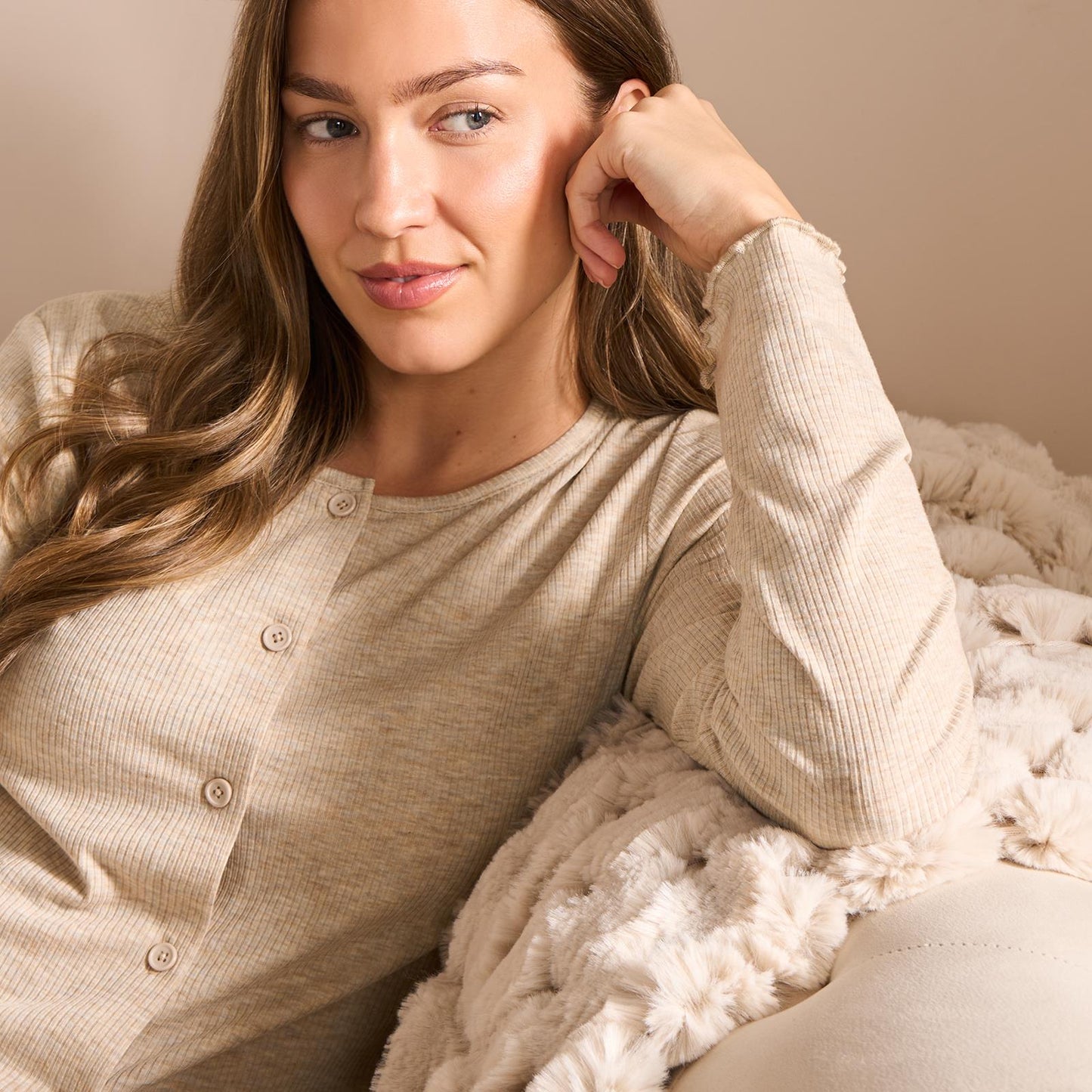 OHS Ribbed Jersey Pyjama Set Womens Lettuce Edge Sleepwear Nightwear Loungewear