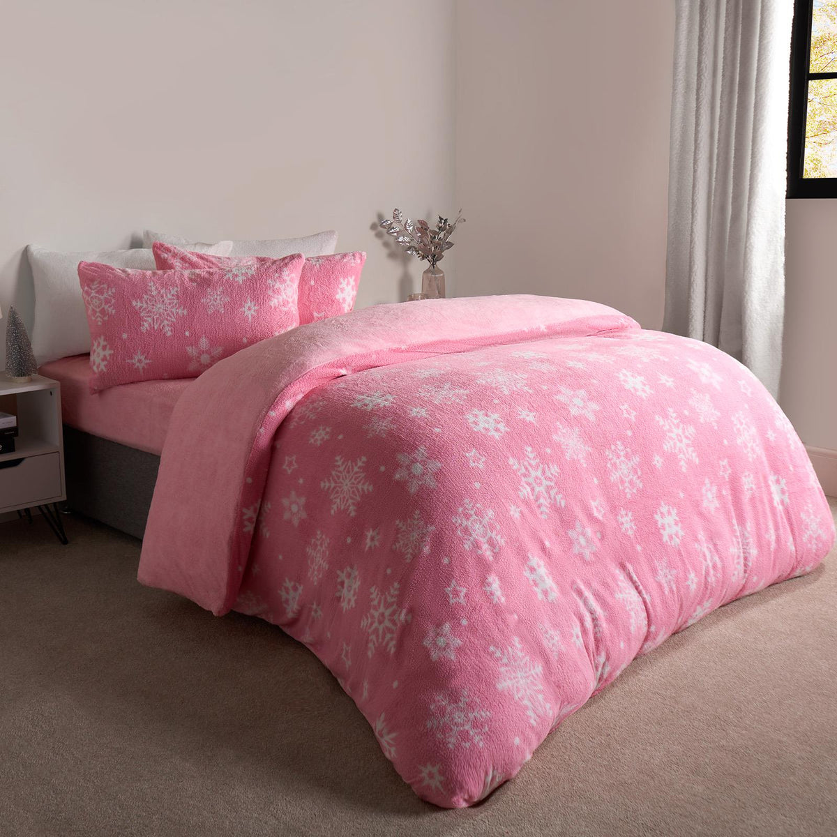 Snowflake Teddy Fleece Duvet Cover Bedding Set Winter Christmas Quilt Bed Soft