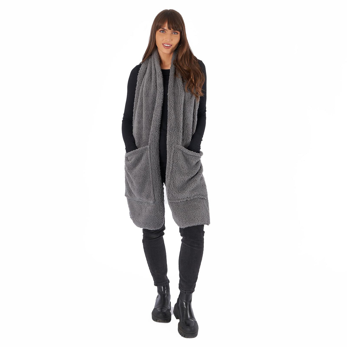 OHS Long Teddy Fleece Scarf Pocket Soft Wrap Plush Womens Shawl Neck Hand Warmer