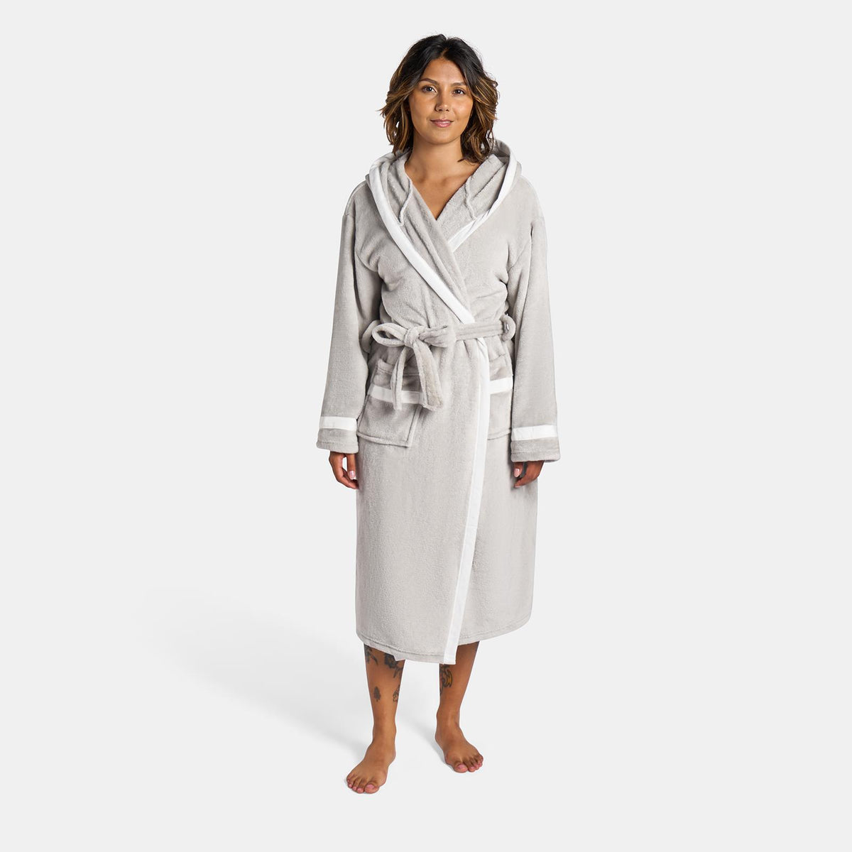 OHS Piped Edge Dressing Gown Flannel Fleece Winter Loungewear Hooded Bathrobe
