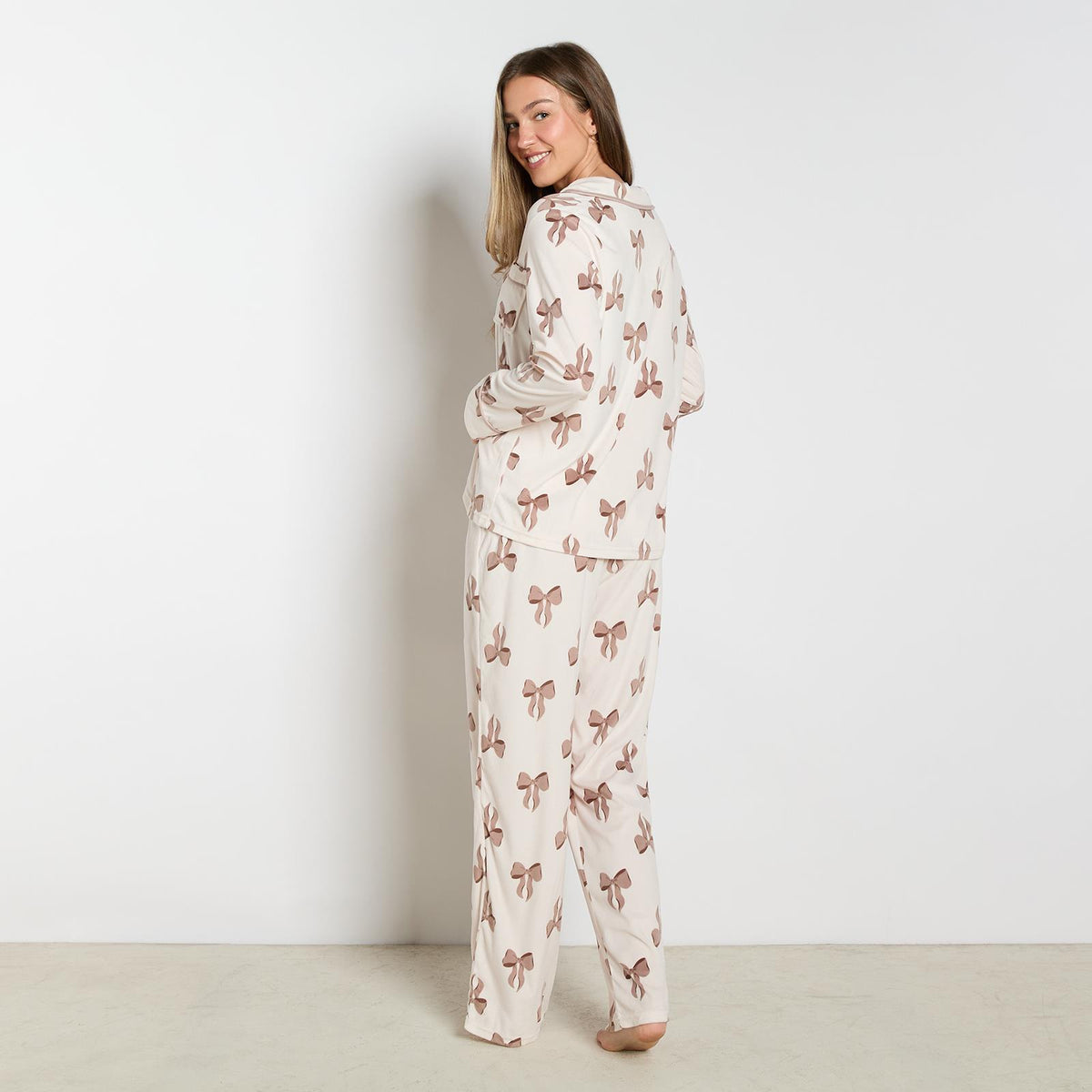 OHS Bows Pyjama Set Womens Button Through Baby Fleece Loungewear Nightwear