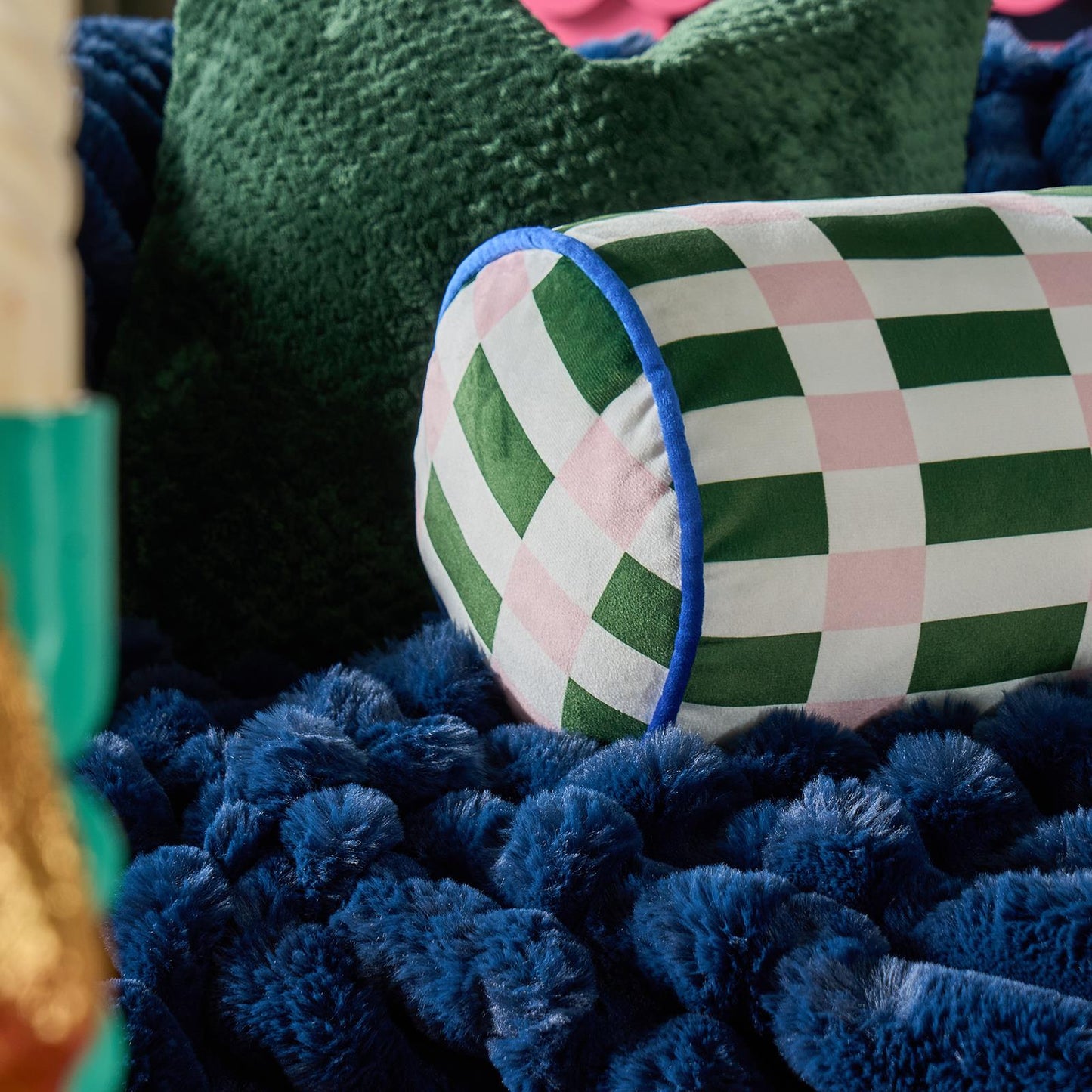 OHS Checkerboard Print Bolster Pillow Piped Matte Velvet Back Support Cushion