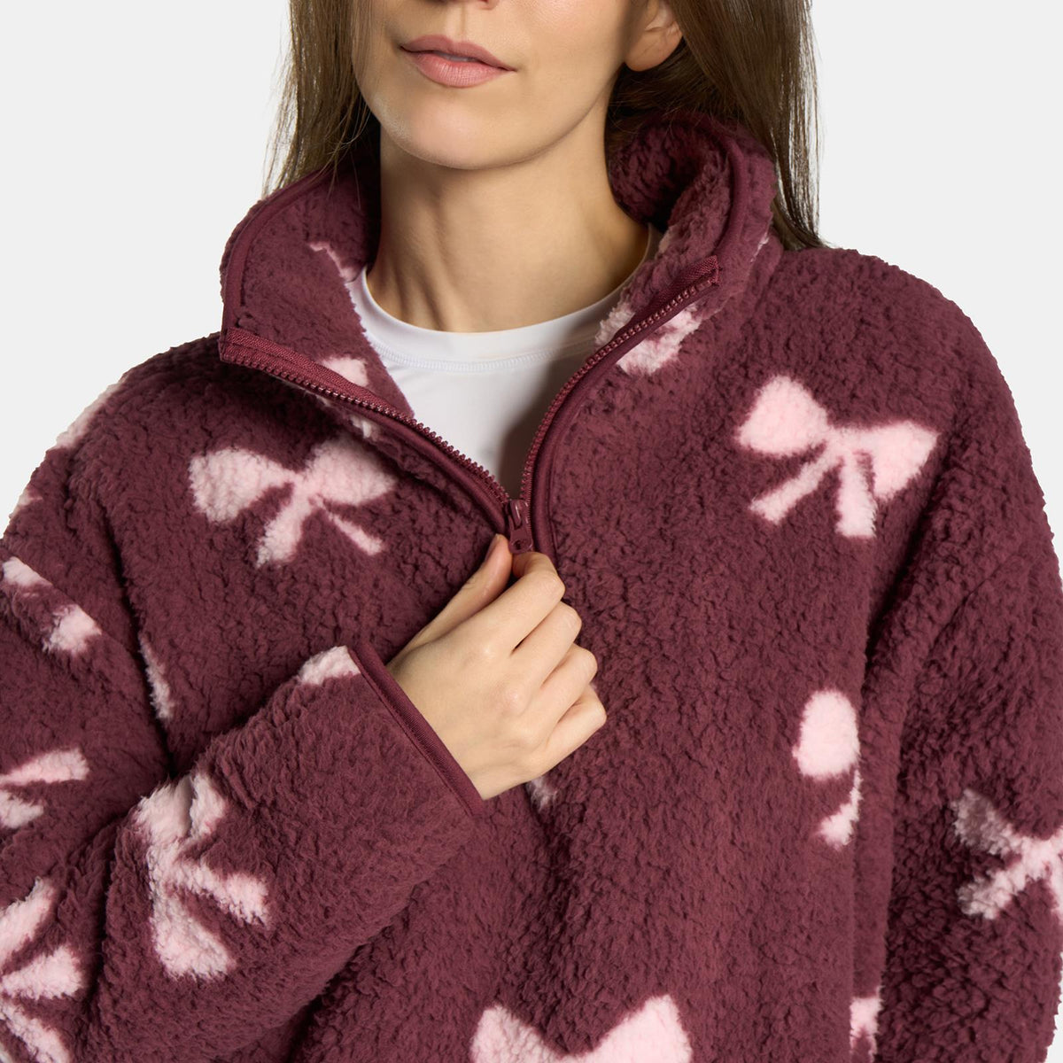 OHS Print Teddy Fleece Half Zip Jumper Womens Pullover Sweatshirt Long Sleeve