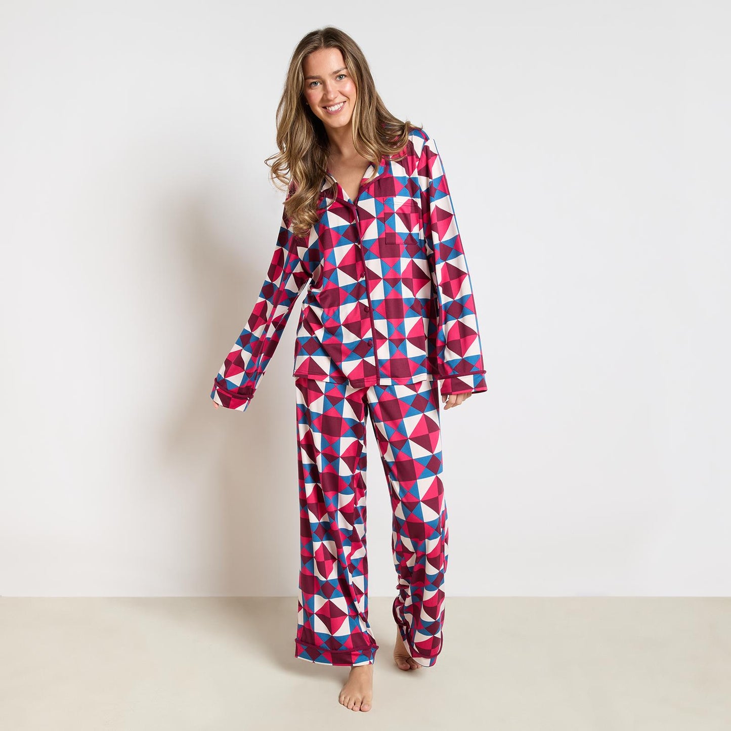 OHS Geo Print Pyjama Set Jersey Button Through Ultra Soft Nightwear Loungewear