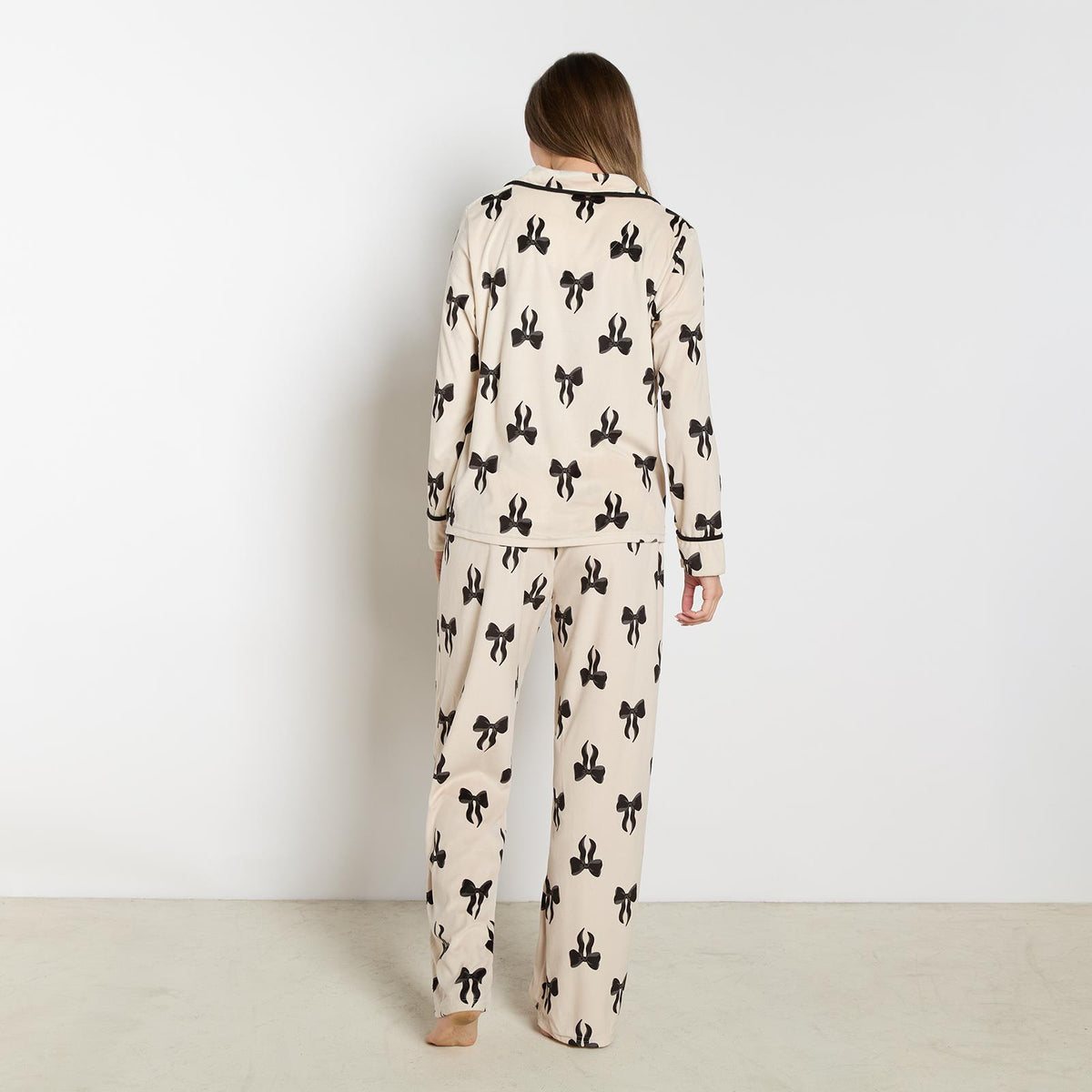 OHS Bows Pyjama Set Womens Button Through Baby Fleece Loungewear Nightwear