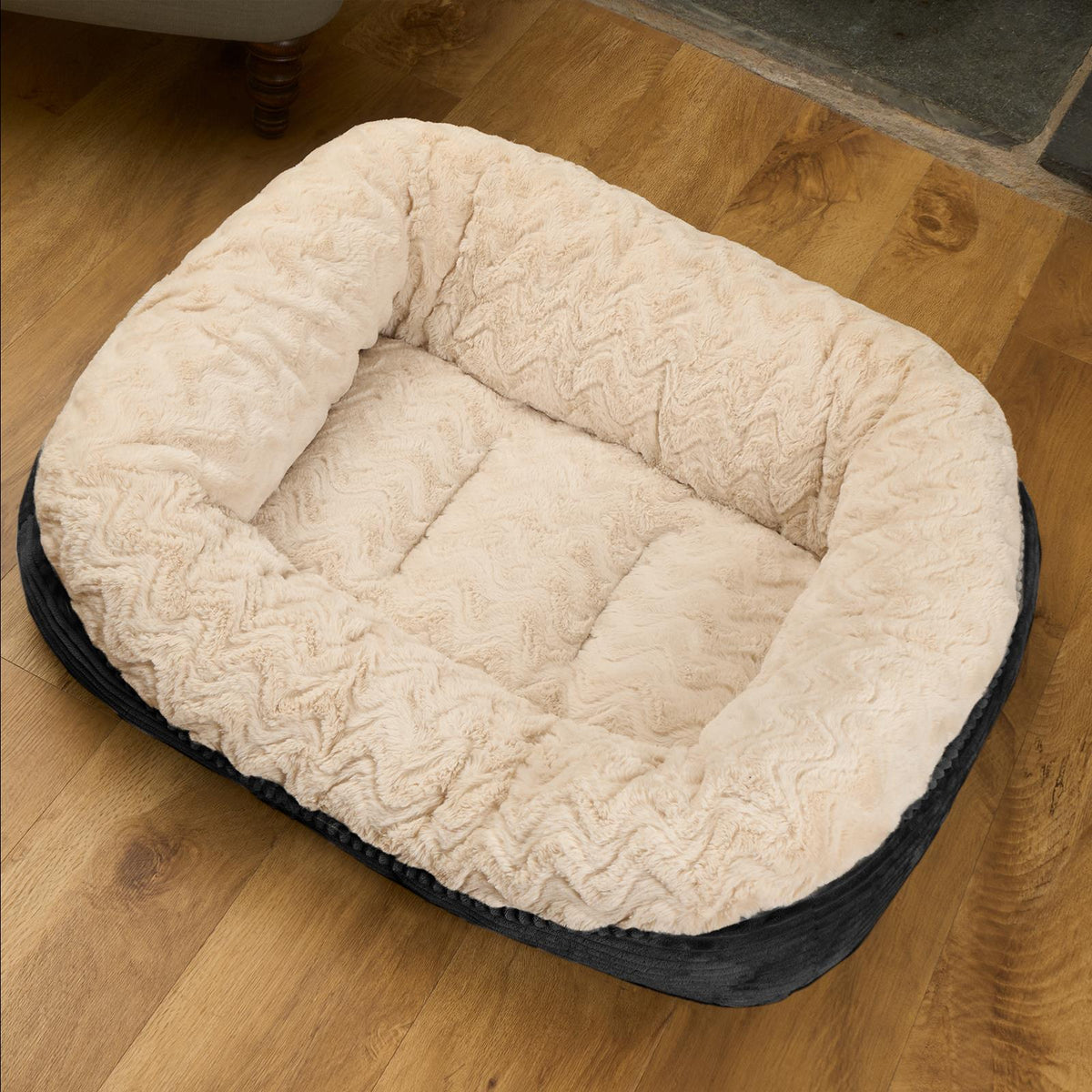 Dog Bed Washable Plush Soft Faux Fur Fleece Ribbed Pet Basket Cushion Warm Cosy