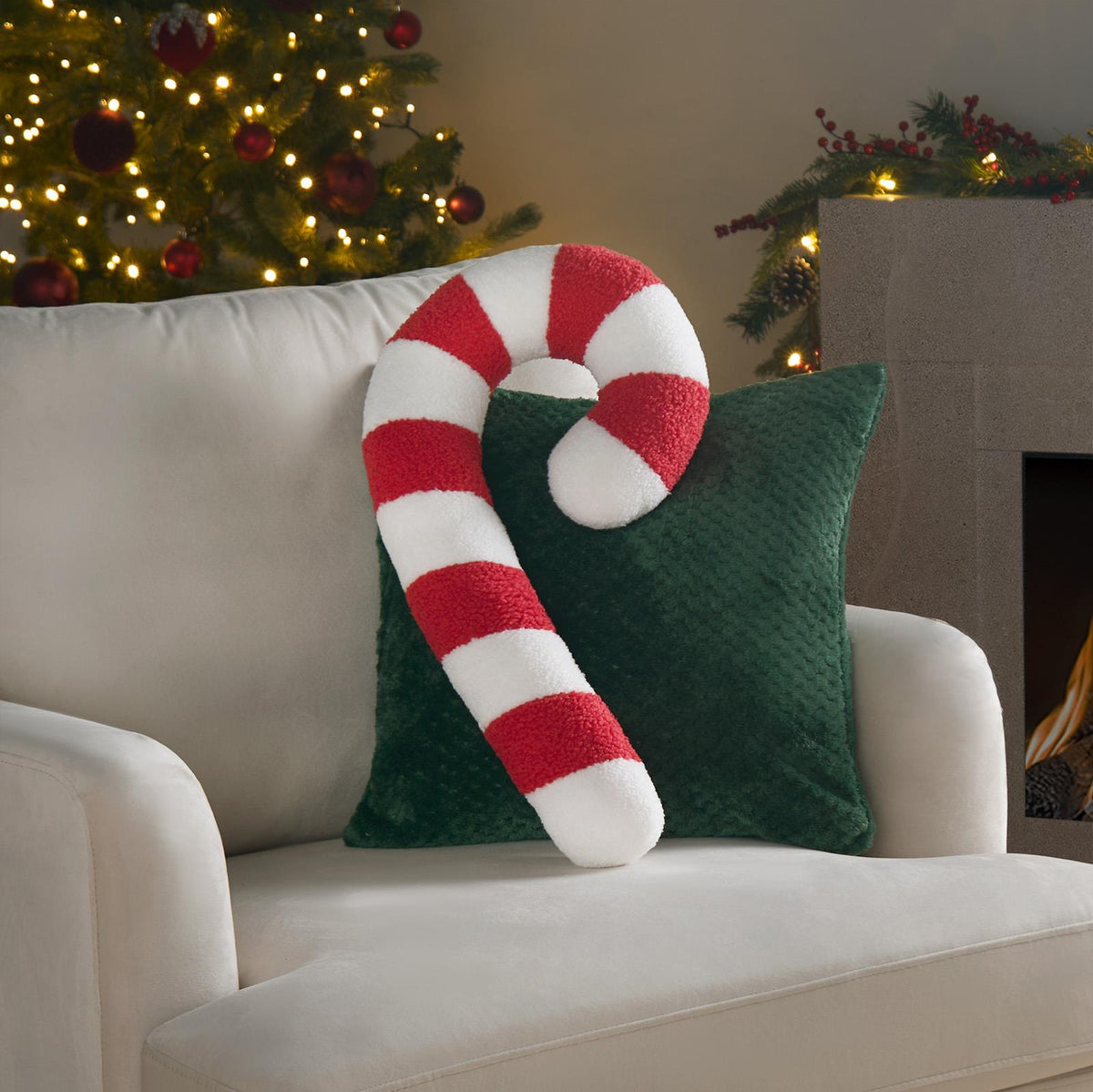 Sofa Cushion Candy Cane Xmas Festive Filled Plump Plush Soft Fleece Home Decor