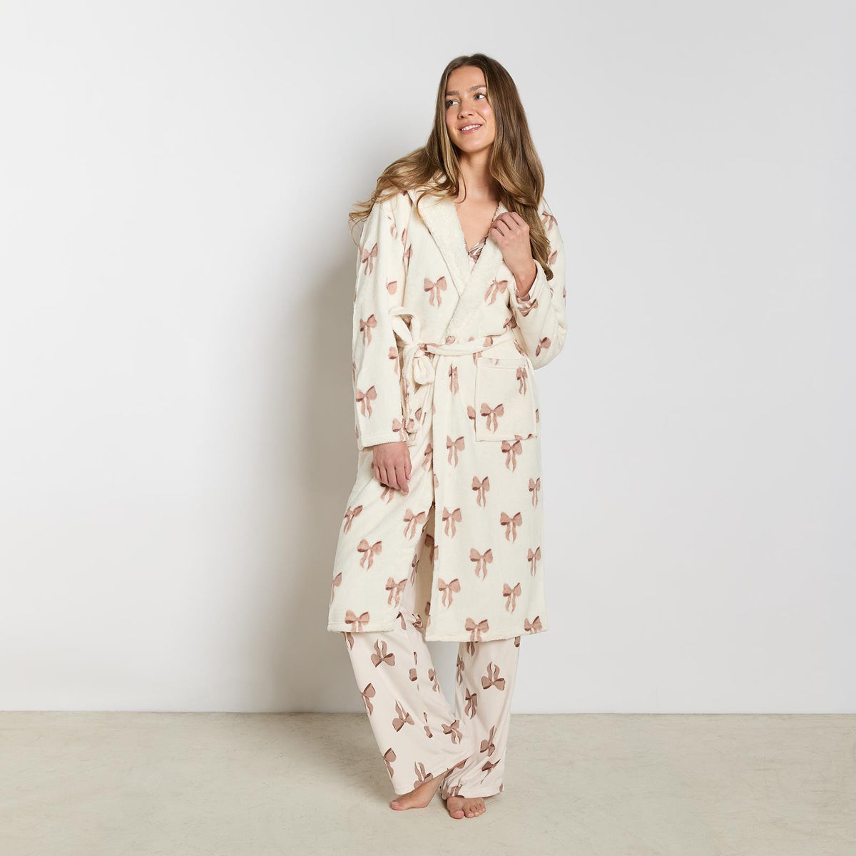 OHS Bows Dressing Gown Flannel Winter Sherpa Lined Loungewear Hooded Bathrobe