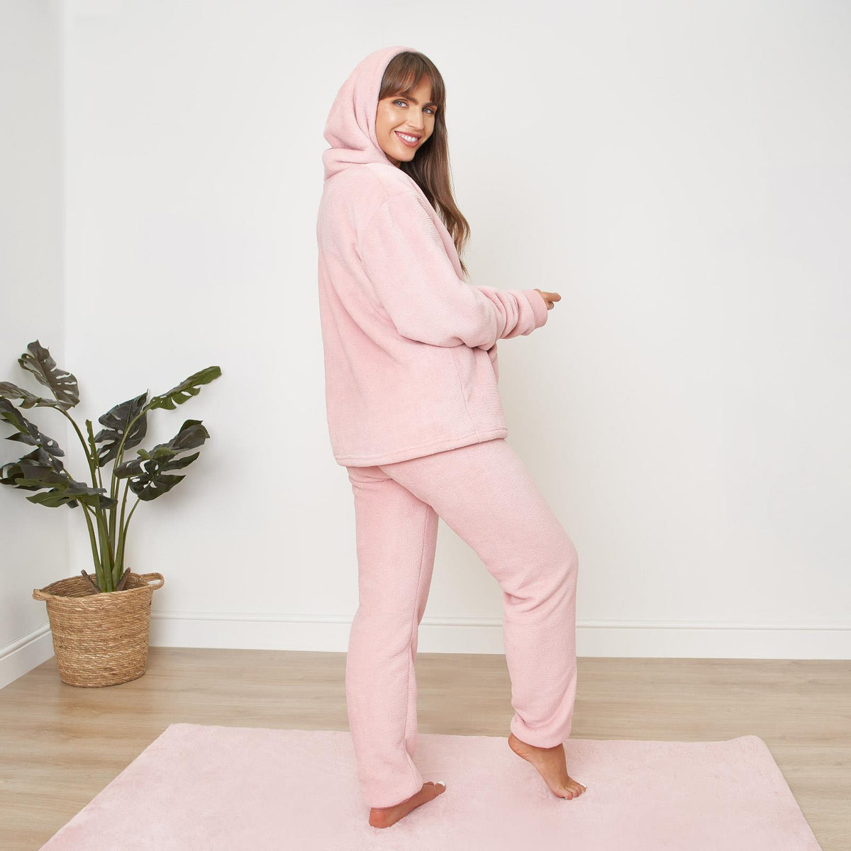 OHS Fleece Loungewear Set Coral Winter Sherpa Nightwear 2-Piece Hoodie Jogger