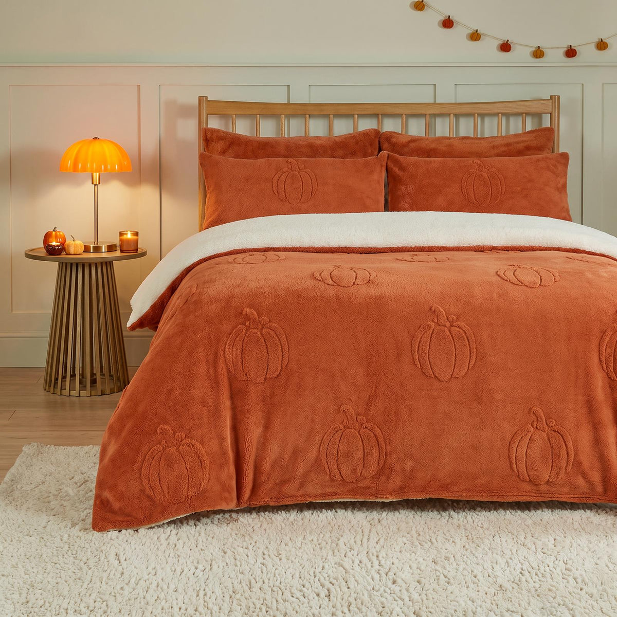 OHS Pumpkin Tufted Duvet Cover Set Halloween Autumn Teddy Fleece Bedding