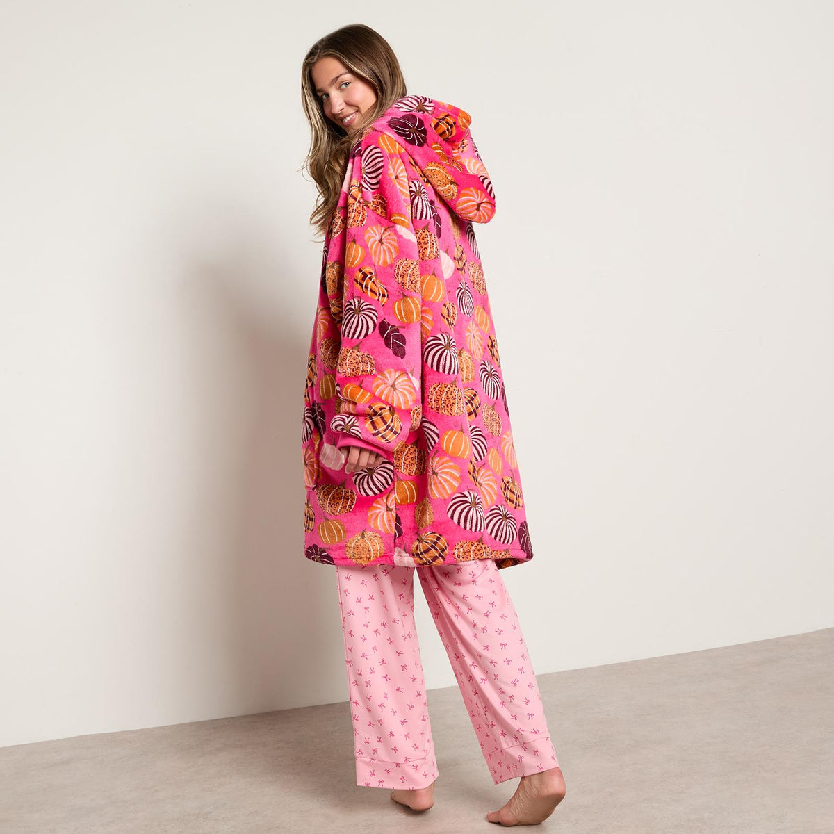OHS Autumn Hoodie Blanket Pumpkin Prints Fleece Wearable Throw Sherpa