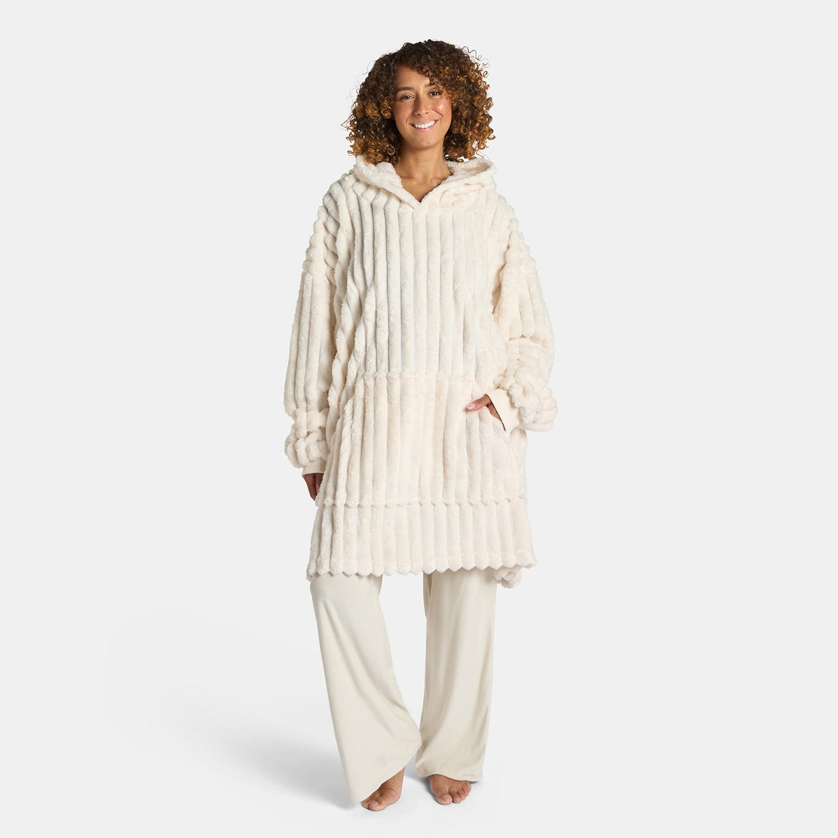 OHS Ribbed Flannel Hooded Blanket Fleece Wearable Throw Warm Oversized Hoodie