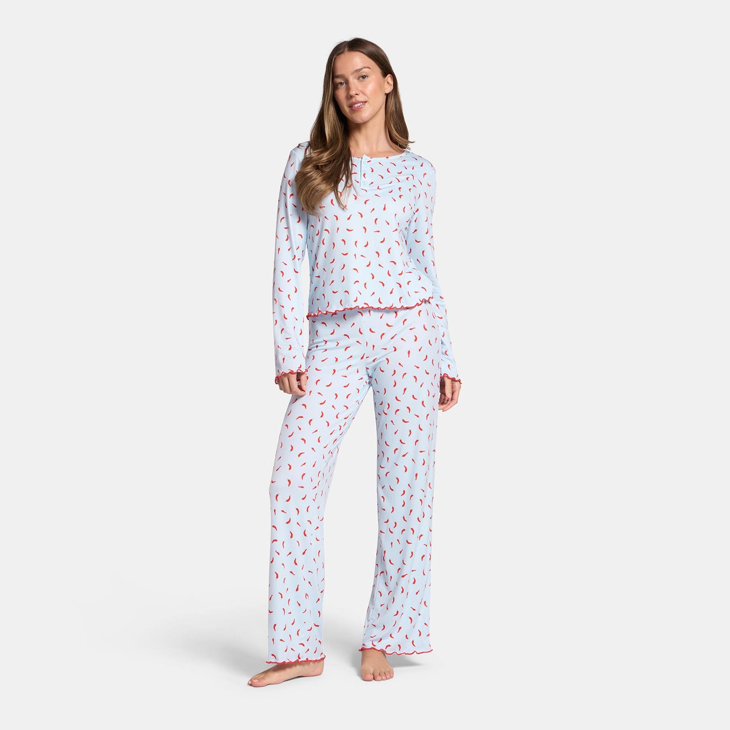 OHS Print Jersey Pyjama Set Womens Lettuce Edge Sleepwear Nightwear Loungewear
