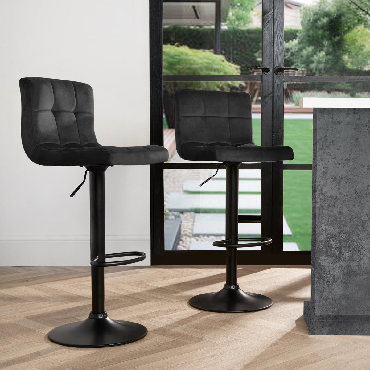 Adjustable Bar Stools x 2 Velvet Swivel Pub Seat Kitchen Breakfast Counter Chair