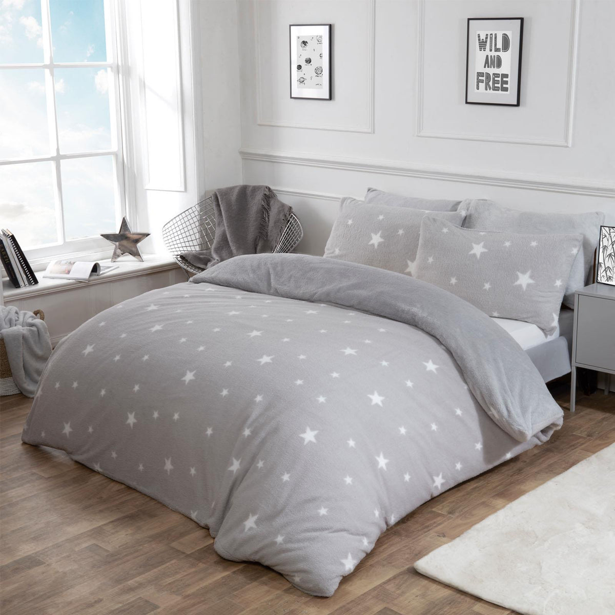 OHS Stars Teddy Fleece Duvet Cover with Pillowcase Soft Plush Bedding Set