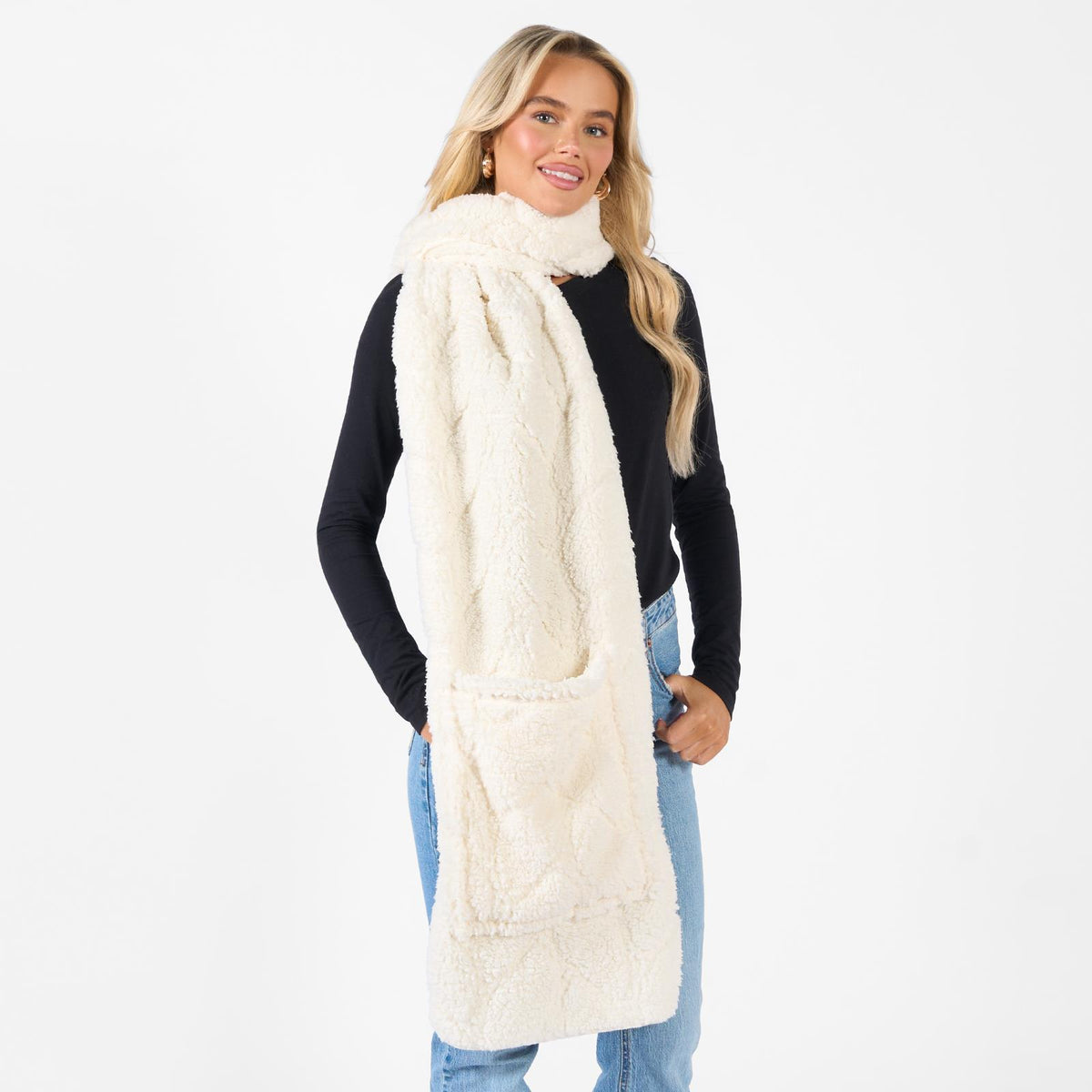 Braided Fleece Scarf Long Supersoft Thermal Pockets Shawl Wrap Hand Neck Warmer